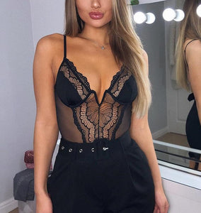 NANCY Deep V Neck Lace Bodysuit