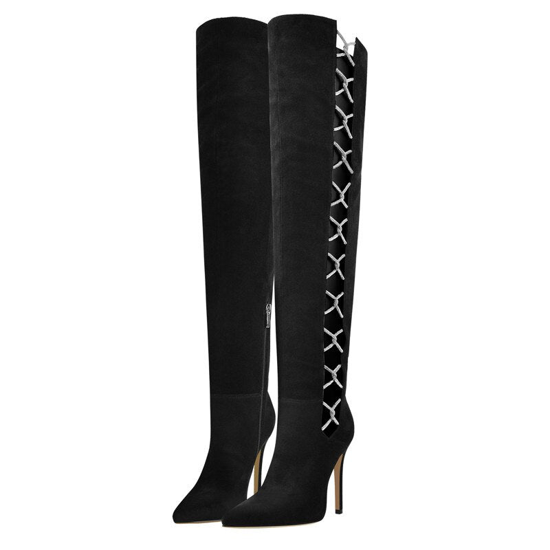 Rhinestone Chain Over The Knee Long Boots